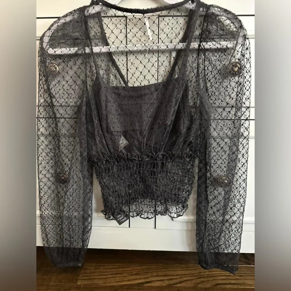 Free People Black Sheer Lace Puff Sleeve Crop Top